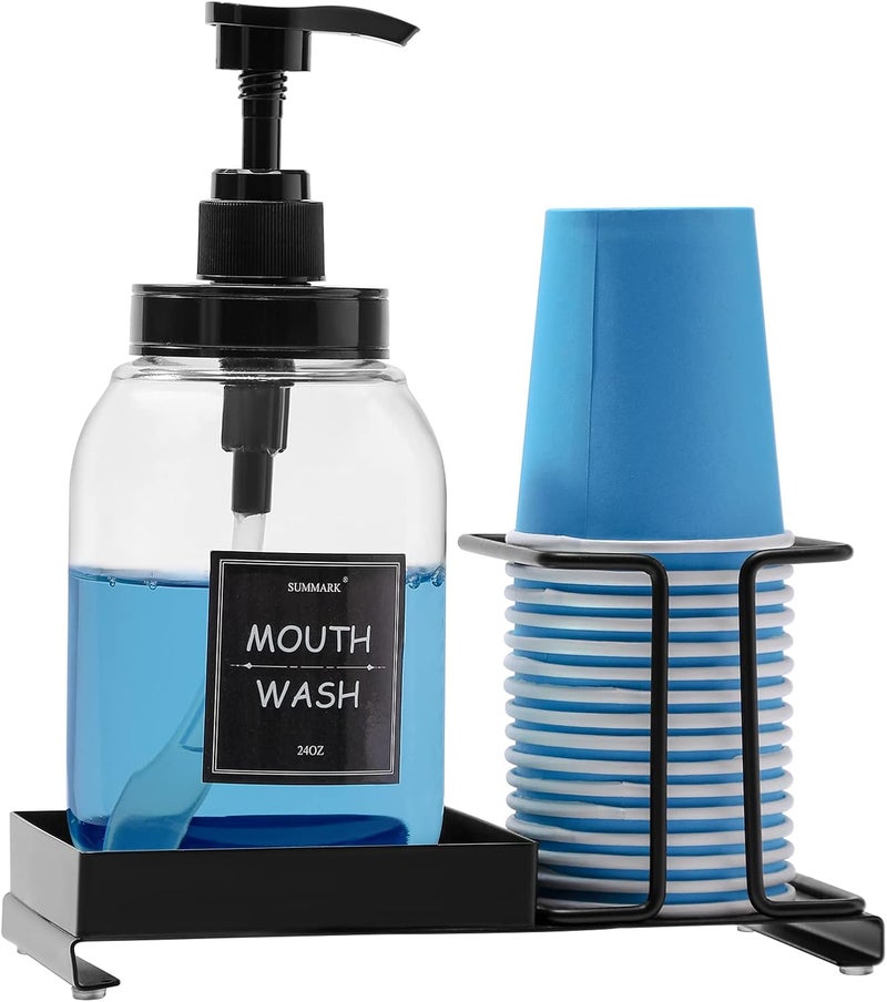 Summark Mouthwash Dispenser for Bathroom,Mouth Wash Pump Bottle with Stainless Steel Cup Holder,24 OZ Refillable Clear Mouthwash Container,BPA Free,Black - Image 1
